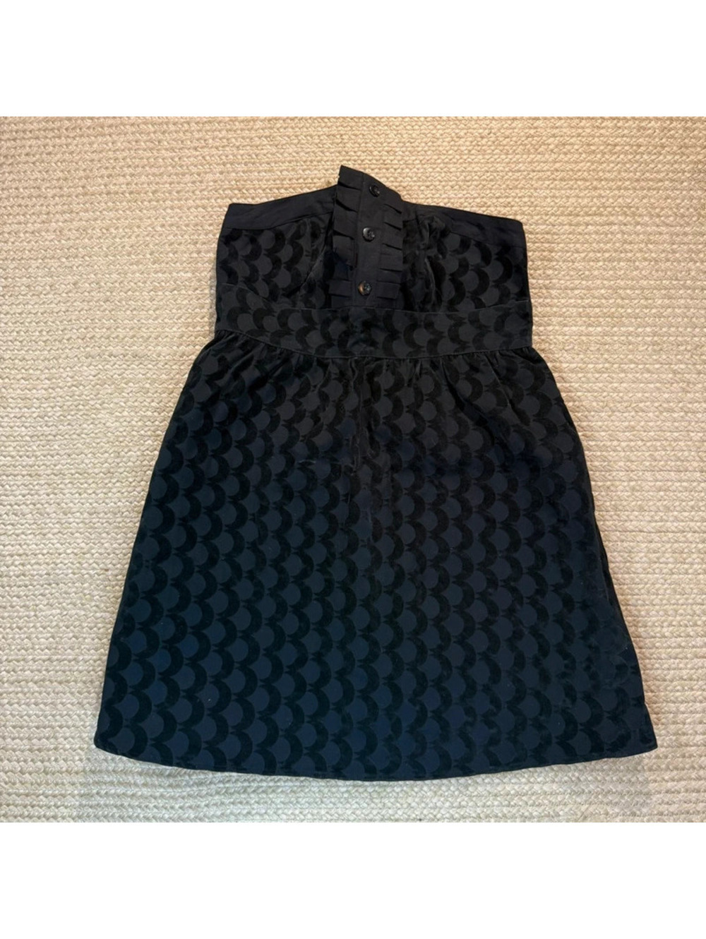 GO International Women’s Black Strapless Mini Dress Crescent Moon Ruffle Size 13